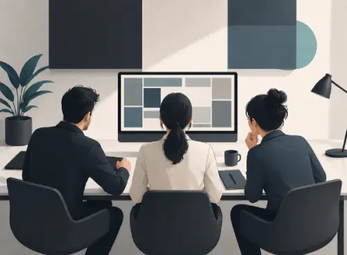 Digital agency team collaborating around a computer