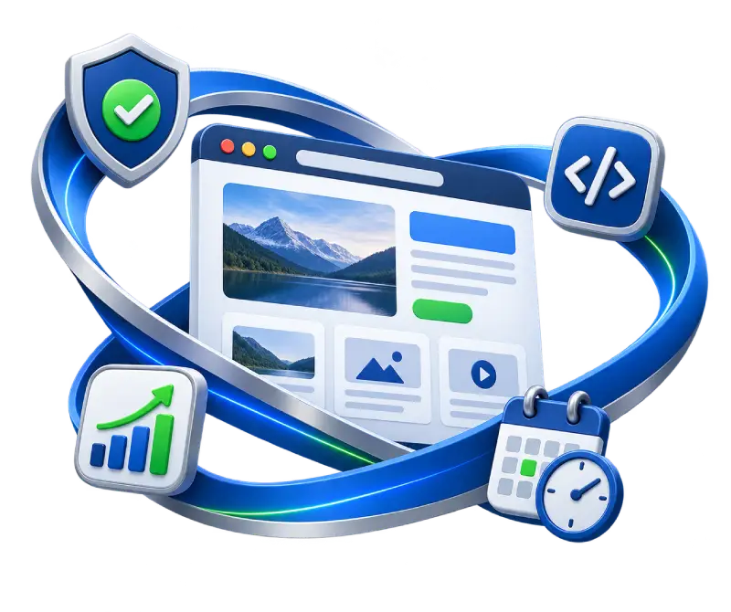 Website surrounded with security, code, schedules and growth