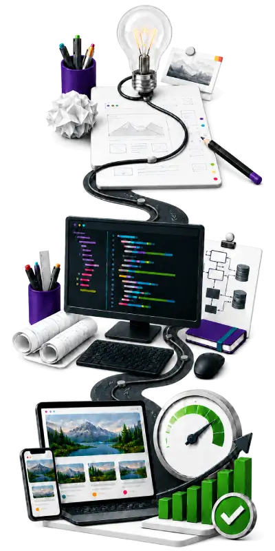 Image showing the path from idea to development to measureable results