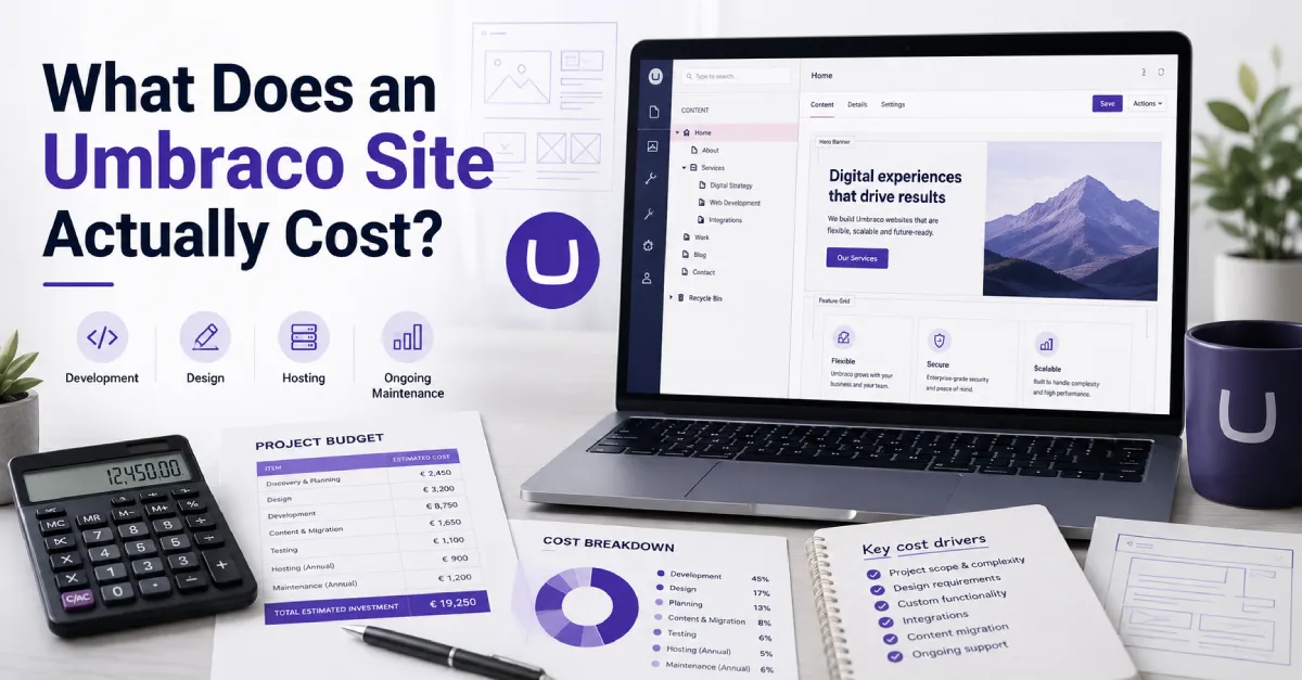 Image about office desk and text: What does an Umbraco Site actually cost?