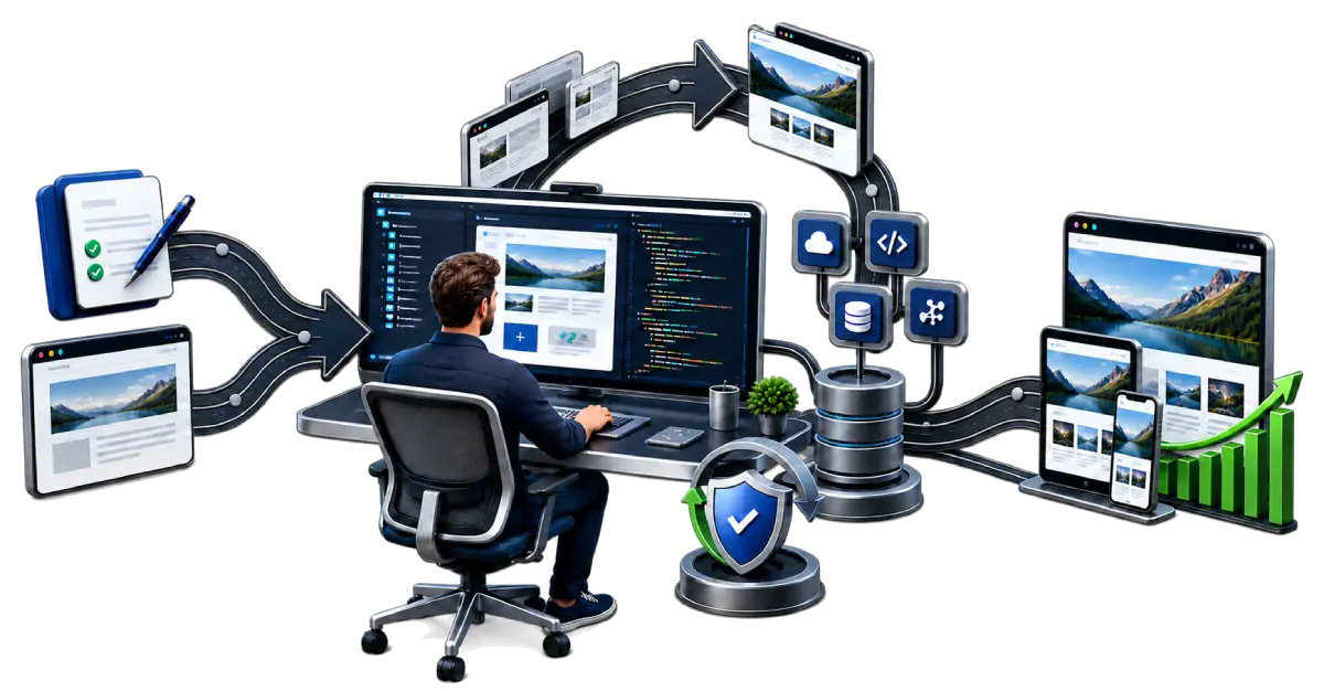 Web Developer at work - showing the process from idea to sketch and technologies to measurable result